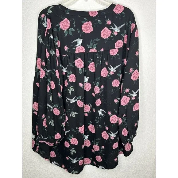 Torrid 2 Top 2X Black Floral Georgette Bow Tie Blouse Birds Sheer Romantic Boho - Picture 3 of 10